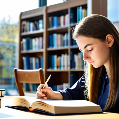 A professional female clinical psychology student, fully clothed in modest academic attire, is intently reading a textbook in a modern university library. Sunlight streams through a large window, illuminating her workspace with stacks of psychology books and a laptop. The background shows blurred bookshelves and other students respectfully working. The image conveys a scholarly atmosphere with an emphasis on learning and intellectual growth. safe for work, appropriate content, fully clothed, professional, perfect anatomy, correct proportions, natural pose, well-formed hands, proper finger count, natural body proportions, professional photography, high quality.