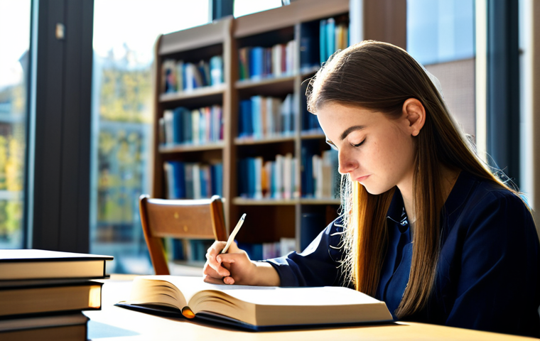 A professional female clinical psychology student, fully clothed in modest academic attire, is intently reading a textbook in a modern university library. Sunlight streams through a large window, illuminating her workspace with stacks of psychology books and a laptop. The background shows blurred bookshelves and other students respectfully working. The image conveys a scholarly atmosphere with an emphasis on learning and intellectual growth. safe for work, appropriate content, fully clothed, professional, perfect anatomy, correct proportions, natural pose, well-formed hands, proper finger count, natural body proportions, professional photography, high quality.