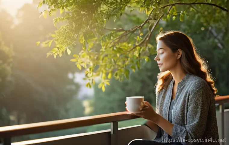 임상심리사 실무에서의 스트레스 관리 - **Prompt 1: Mindful Morning Recharge**
"A tranquil image of a female therapist in her late 30s, ...