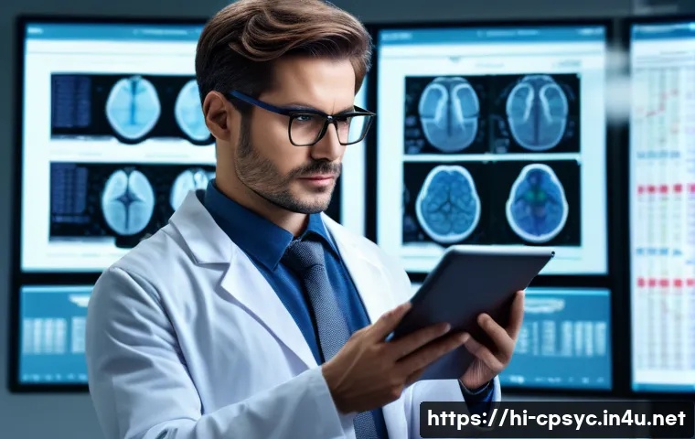 임상심리사와 상담심리사의 차이 - A professional clinical psychologist in a modern hospital setting, wearing smart business attire and...